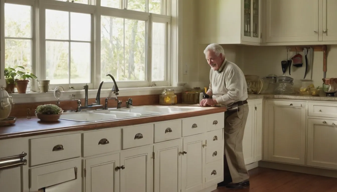 A local pest control provider inspecting a kitchen baseboard with a flashlight in a Bridgeport home